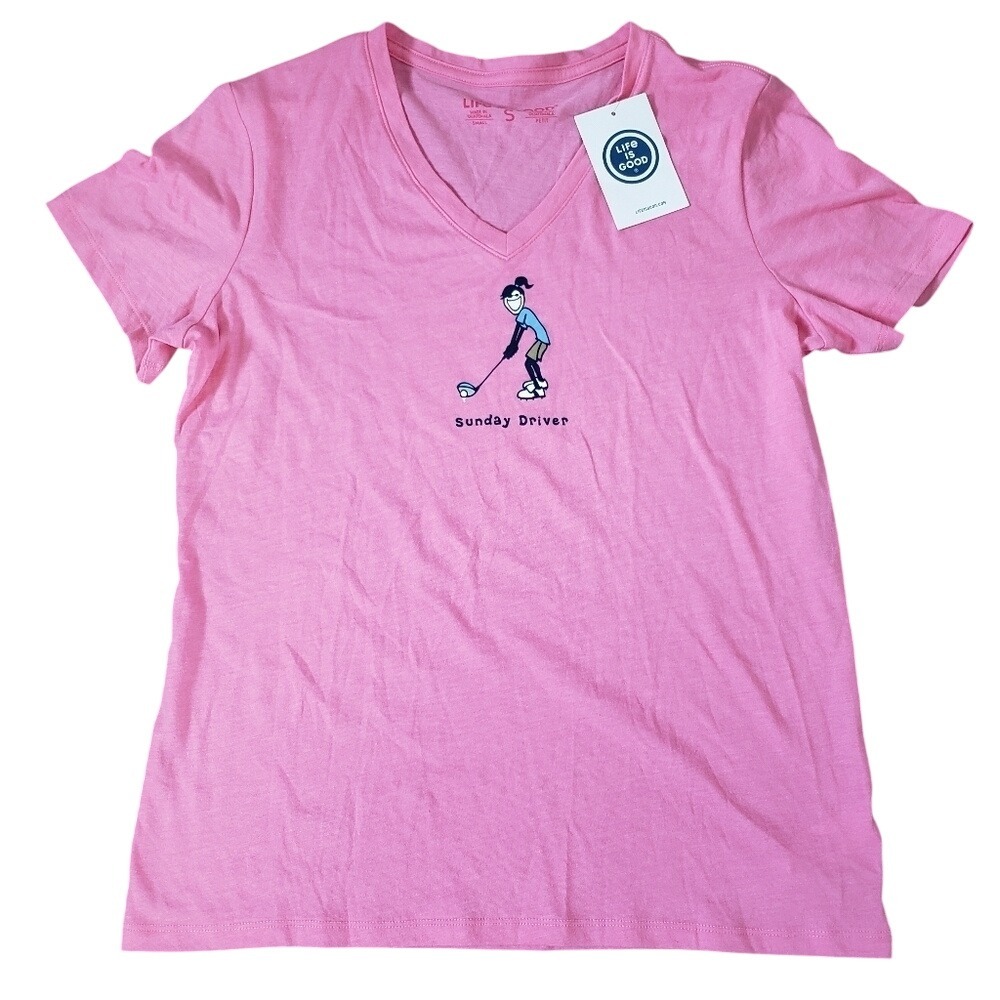 Life is Good Womens Pink Sunday Driver Golf Graphic V-Neck T-Shirt Small NWT - Picture 2 of 9